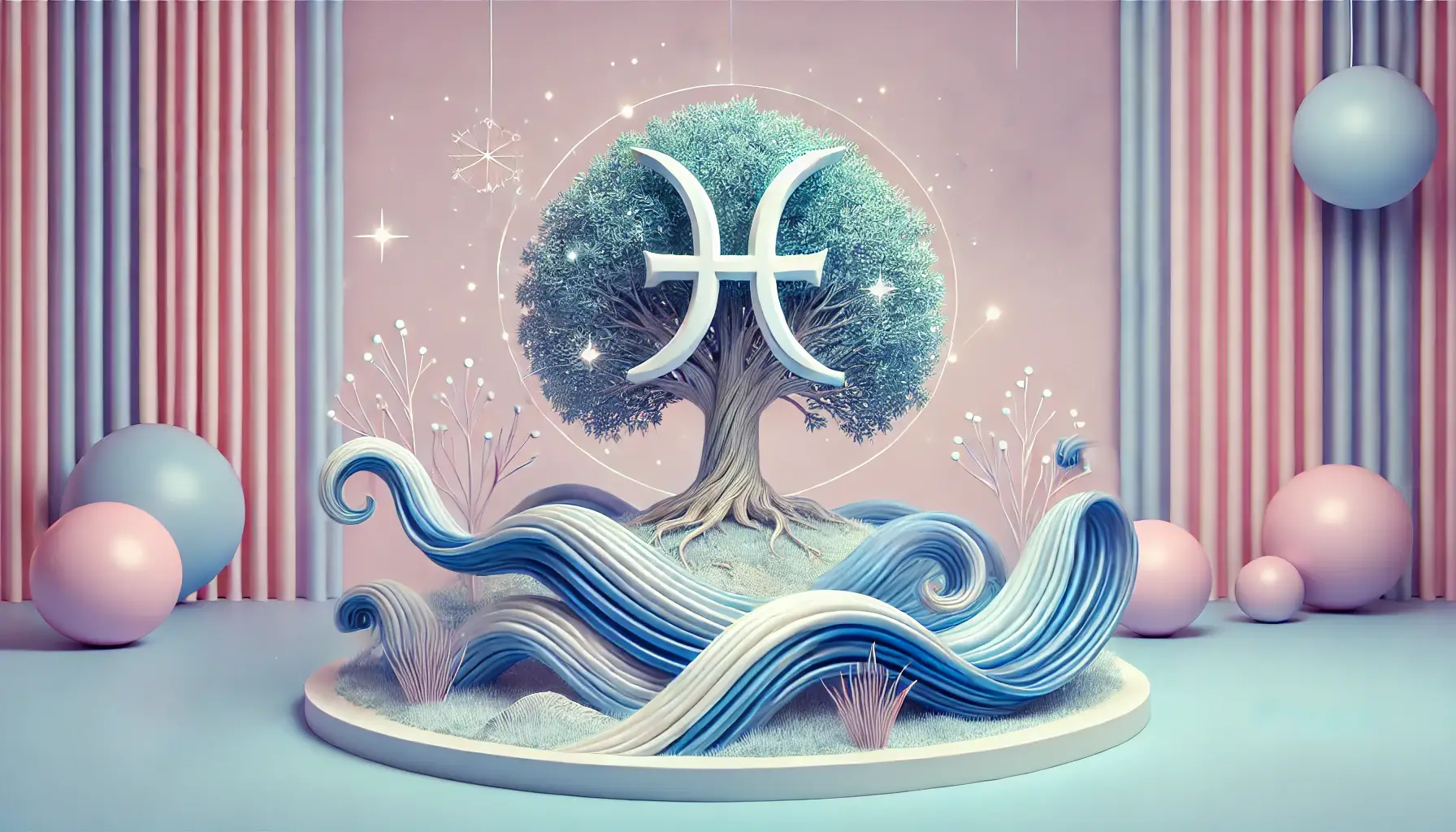 Escena en 3D que ilustra la conexión emocional entre Capricornio y Piscis. Capricornio está simbolizado por un árbol fuerte enraizado en la tierra, mientras que Piscis está representado por el agua que fluye rodeando al árbol en un paisaje tranquilo de colores pastel.