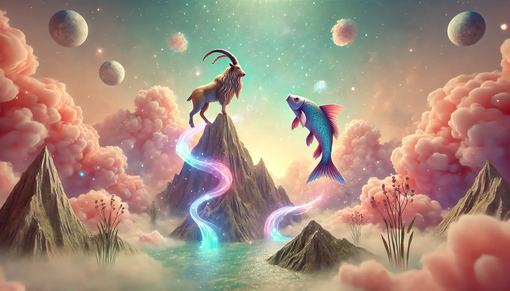 3D surreal scene depicting Capricorn and Pisces in a soft, dreamlike atmosphere with pastel tones. A mountain goat representing Capricorn stands atop a mountain, while two glowing fish representing Pisces swim through an ethereal sky.