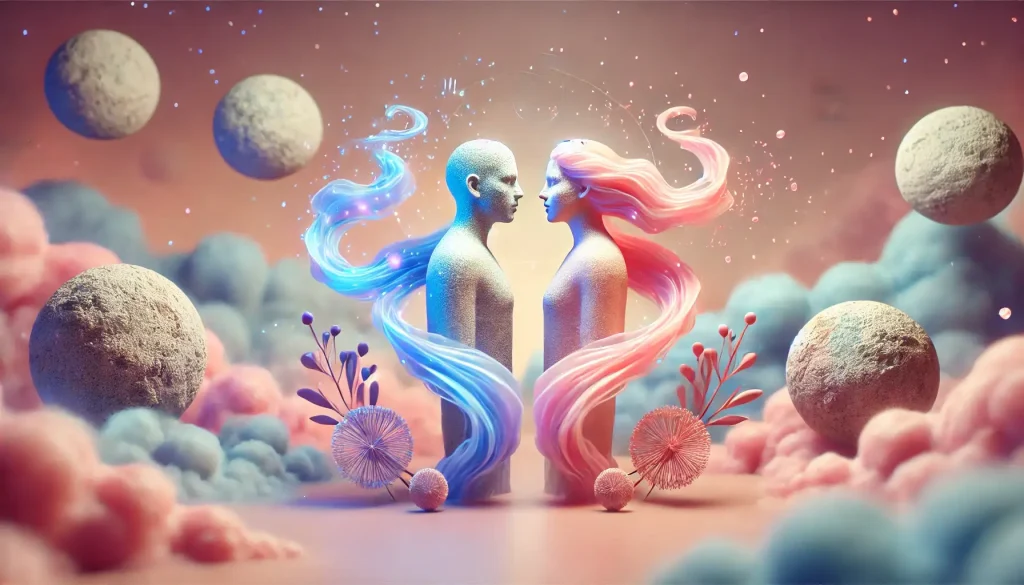 Ilustración surrealista en 3D que muestra la atracción cósmica entre Géminis y Capricornio en una nube de energía, con figuras de Géminis entrelazadas en colores pastel y Capricornio firme en tonos más terrosos.